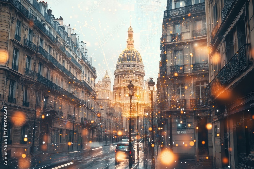 Fototapete This modern city showcases buildings linked by an intelligent AI network, creating a seamless urban experience for its residents. Generative AI