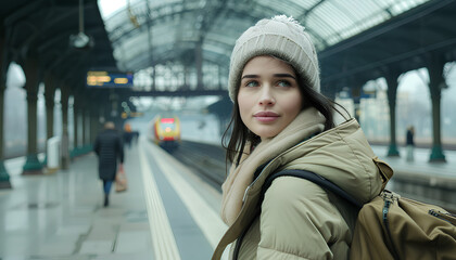 Fototapeta premium Beautiful woman with suitcase at train station