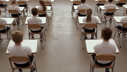 A classroom filled with students sitting in rows, focused on their desks, creating a disciplined and studious atmosphere.