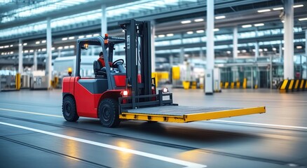 Fototapeta premium A red and yellow forklift with an empty flatbed platform is driving through the airport.