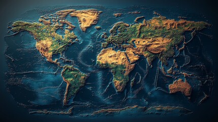 A detailed topographic map of the world showcasing landforms and ocean depths.
