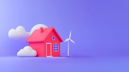 Naklejka premium A vibrant pink house with a wind turbine beside it, set against a purple background featuring fluffy clouds, symbolizing renewable energy and sustainability.