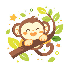Naklejka premium Monkey Vector Illustration. Cute Cartoon Monkey on Branch with Colorful Leaves and Stars