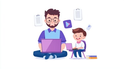 Obraz premium A father and son engage in digital activities together, with the father using a laptop and the son happily working on his own device.