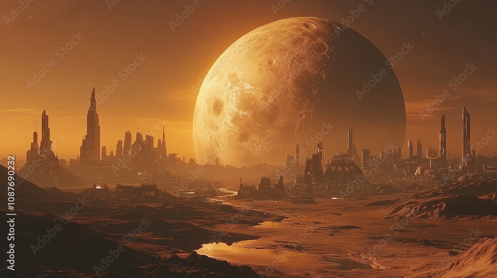 Poster a breathtaking view of a futuristic cityscape at dusk with a massive planet looming in the sky above