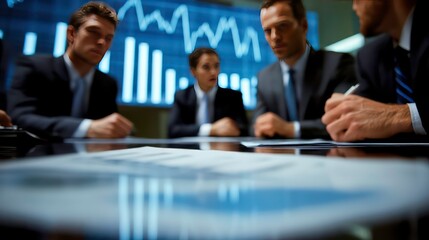 Business team in a meeting room, looking at charts and documents.