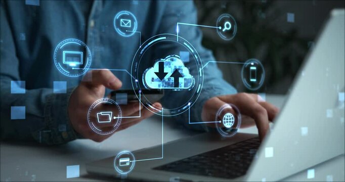 Cloud software concept. Technology data transfer. Storage, Protection, Wi-Fi Internet. Big Data protection. Data exchange through cloud servers. Digital storage technologies.