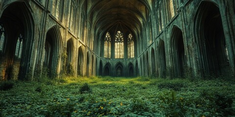 Fototapeta premium Overgrown Gothic cathedral with lush greenery and ornate architectural details