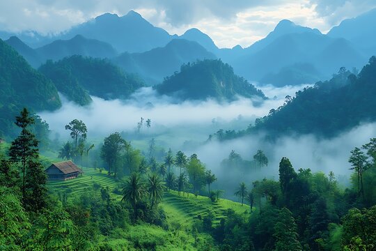 Clouds rolling down mountains covered with dense trees in Bumthang, Bhutan
