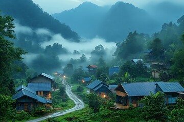 Clouds rolling down mountains covered with dense trees in Bumthang, Bhutan
