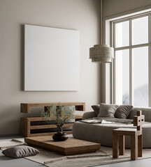 Japanese style interior design with wooden furnitures and raw materials. Mocuk up poster frame in  Japandi style interior. 3D illustration