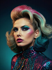 80s-inspired fashion portrait from a beautiful women with vibrant colors and retro style. This portrait is supported with ai.	