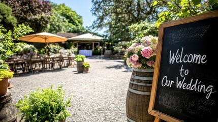 Charming Outdoor Wedding Venue with Welcoming Sign