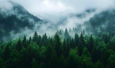 Misty foggy mountain landscape with fir forest and copyspace in vintage retro hipster style
