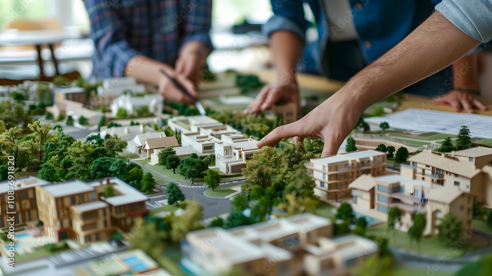 Poster Detailed Architectural Model Showcase with Hands Examining Residential Design and Urban Planning Concepts in a Studio Environment