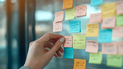 Organizing colorful sticky notes on a glass board, showcasing creativity and productivity in modern workspace.