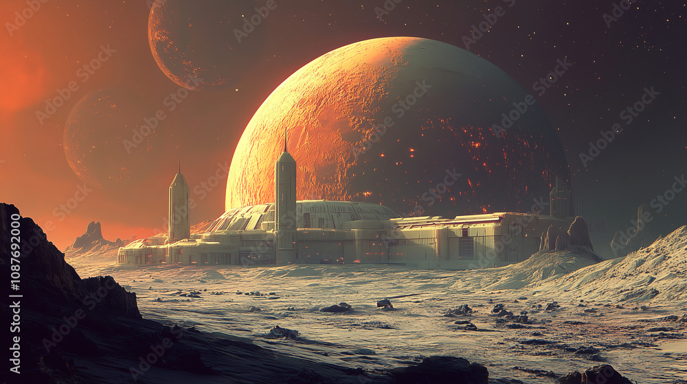 Poster A futuristic alien landscape with a massive planet in the sky and a mysterious structure on the surface during twilight hours. Generative AI