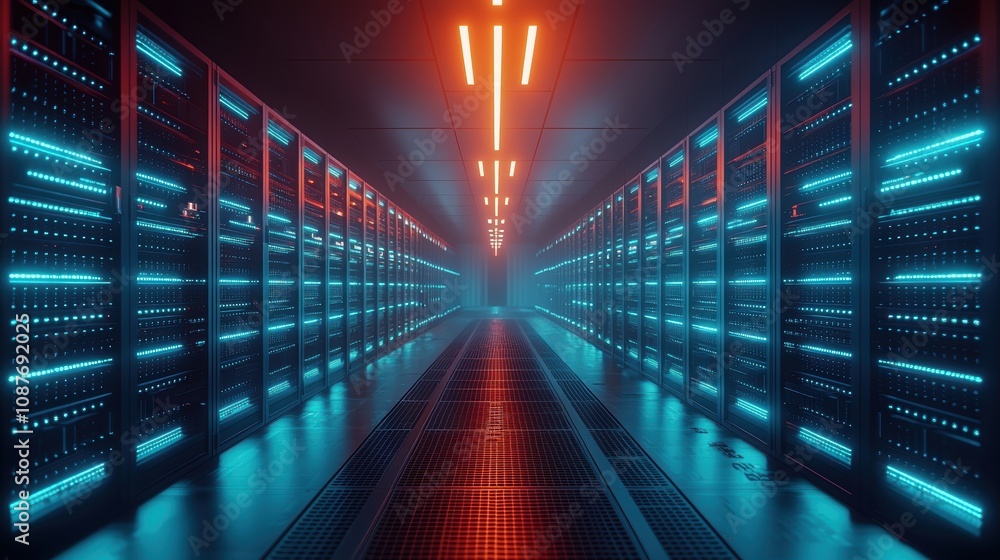 Poster futuristic data center with pulsating server lights in cinematic perspective