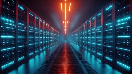 Futuristic Data Center with Pulsating Server Lights in Cinematic Perspective