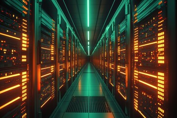 Obraz premium Cutting-Edge Data Center Corridor with Illuminated Server Racks for Technology Design