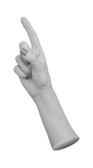 Female hand with index finger pointing upward, isolated on a white background. Gesture indicating direction, attention, or recommendation. Professional and confident sign for