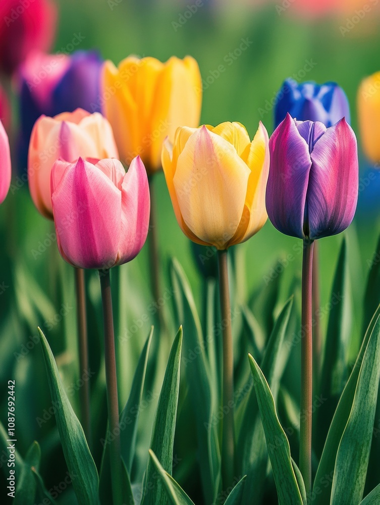 Poster a vibrant display of colorful tulips in various shades blooms in a lush green meadow, creating a joy