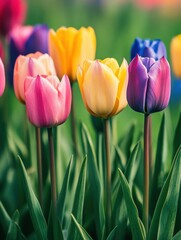 Fototapeta premium A vibrant display of colorful tulips in various shades blooms in a lush green meadow, creating a joyful atmosphere in spring. Generative AI