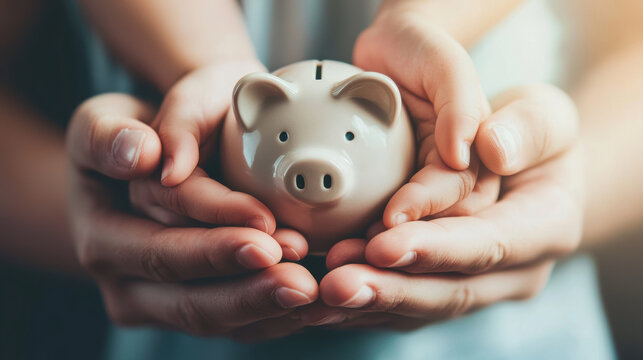 Generational Savings: Hands Holding Piggy Bank in Soft Focus Background