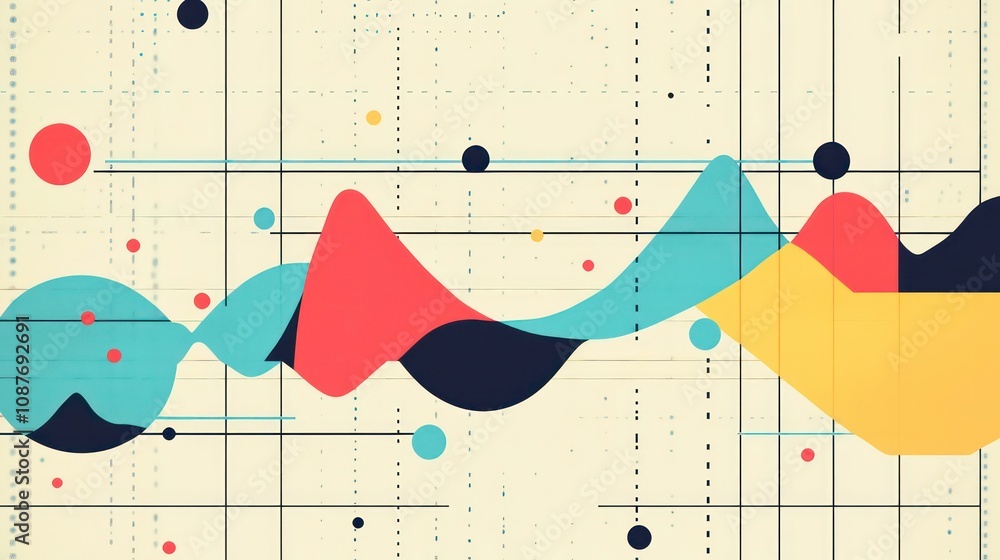 Poster abstract geometric pattern with wavy lines and colorful shapes on a beige background.
