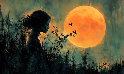 A black and white picture. The little girl sat and looked at the moon on a log by the sea on a full moon night beautifully.
