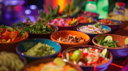 A festive taco station featuring a variety of fillings such as grilled fish, barbacoa
