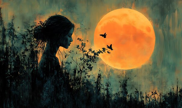 A black and white picture. The little girl sat and looked at the moon on a log by the sea on a full moon night beautifully.
