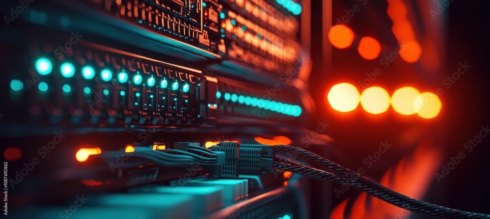Poster data center server rack with flashing lights and organized cables for technology design