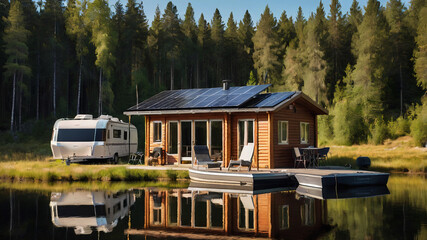 remote Swedish scene of lone cabin with solar panel, luxury leisure boat on lake, caravan and rv in forest