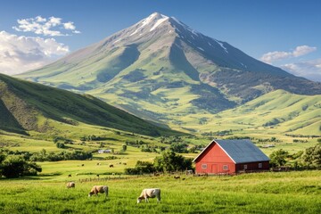 A red barn sits in a lush green field with cows grazing in the background