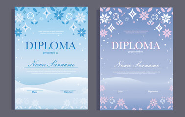 Winter diploma templates set. Kids certificate with ornamaents, snowflakes, pastel cold pink, blue, lilac colours, frozen background. Trendy sport festive design