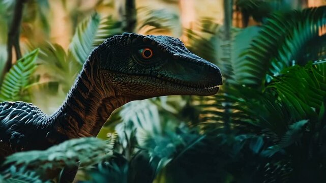 A highly detailed and realistic portrayal of a Velociraptor set within vibrant lush greenery and foliage