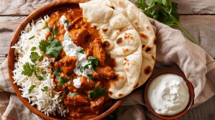 A flavorful Indian curry with chicken, served with basmati rice and naan bread