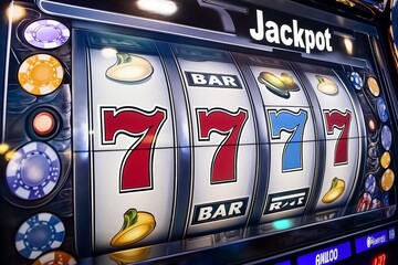Close-up of colorful slot machine reels showing jackpot in vibrant lighting