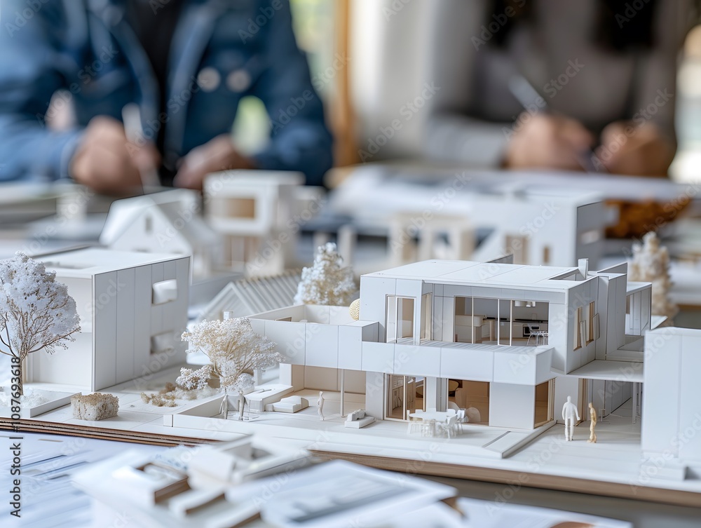 Poster architectural model construction with designers reviewing plans in modern studio environment, focus 