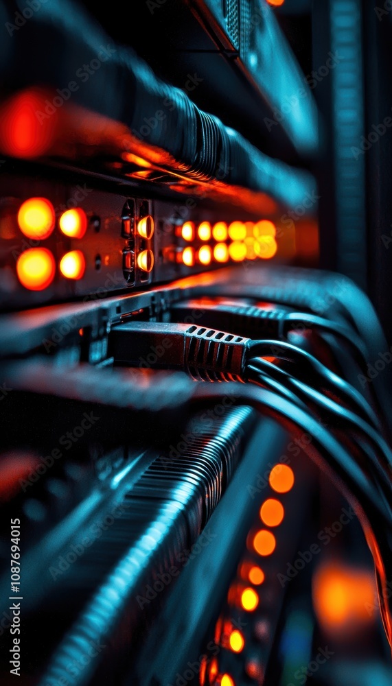 Poster technology infrastructure focus on active led server rack for data center efficiency