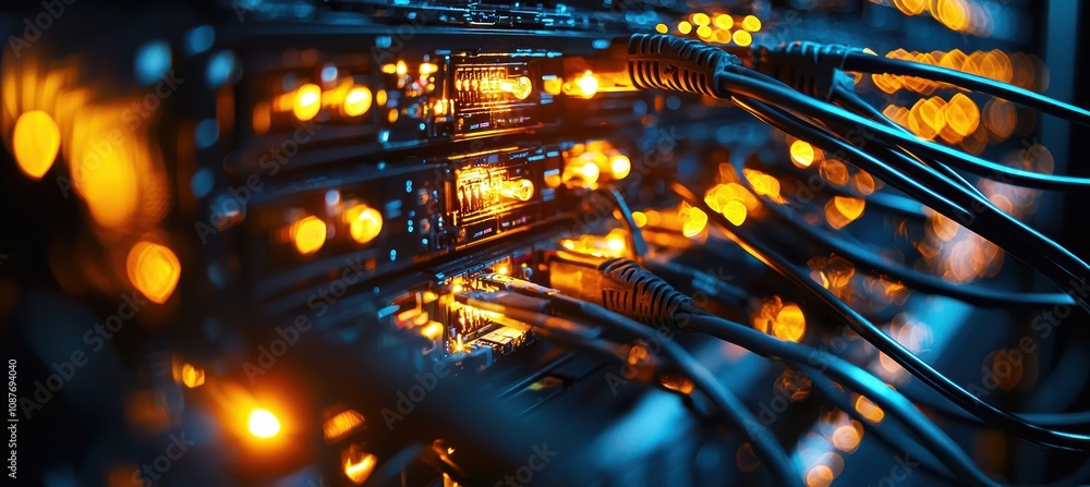 Poster complex wiring and lights of server rack in data center technology design