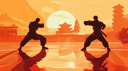 Kung Fu Masters: Silhouette of Two Fighters at Sunset