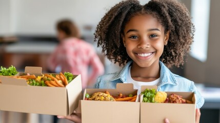 A teenage girl joyfully displays various food box mockups, surrounded by warm natural light
