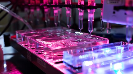A high-definition shot of an electrophoresis apparatus in use, with gel and buffer solutions.