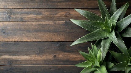 Fototapeta premium A full aloe vera plant with thick, green leaves against a rustic wooden plank background