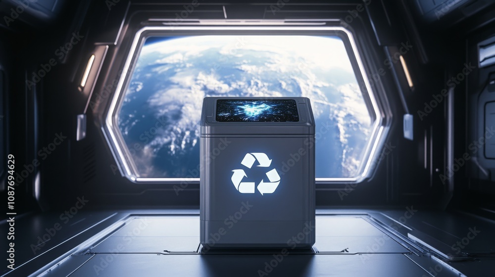 Poster The image shows a sleek recycling station illuminated by soft lights, positioned in a spacecraft.