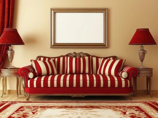Elegant Red And White Striped Sofa In Classic Room Setting