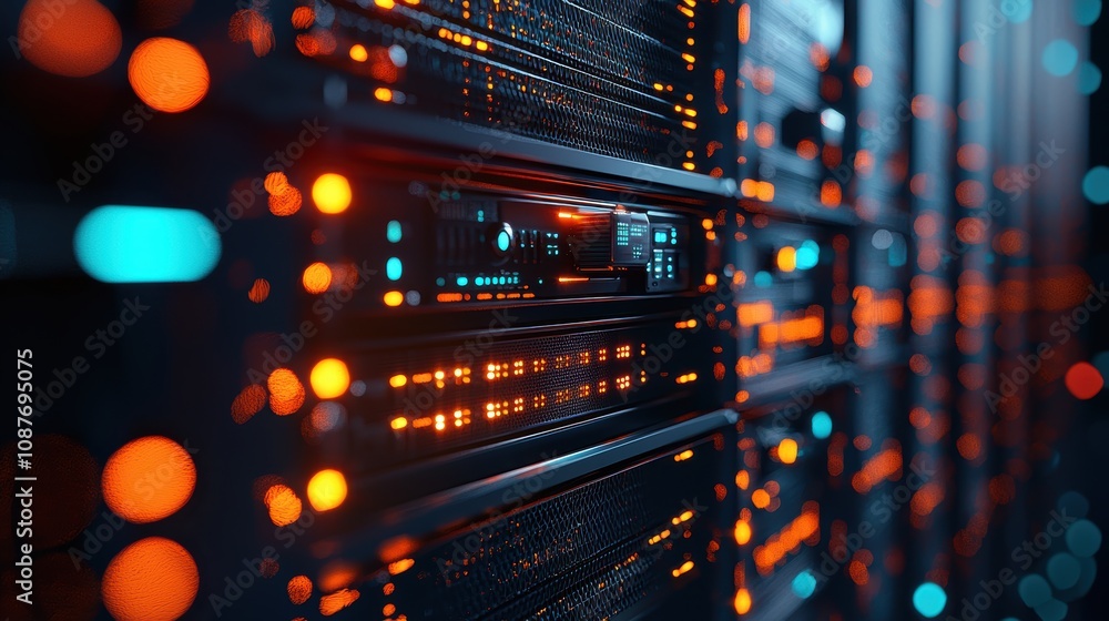 Aufkleber close-up of led-lit server panel in modern data center environment for tech designs