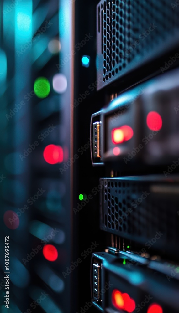 Poster close-up of server unit with flashing leds in dimly lit data center for technology posters